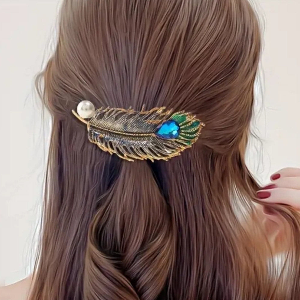 Gold  Feather Hair Accessory with Peacock Design